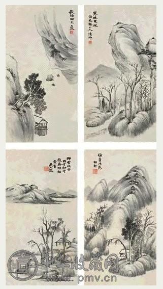 吴大澂 1876年作 仿古山水图册 册页 四开 水墨纸本