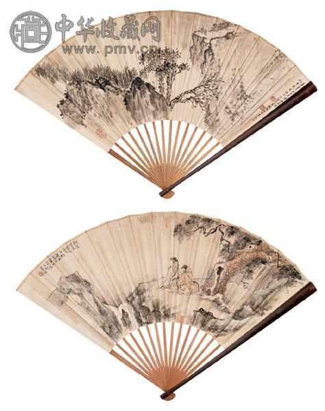诸健秋 胡振 1915年作 古松双贤 苍山图 成扇 设色纸本