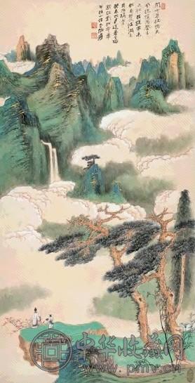 张大千 1943年作 青绿山水 镜心 设色纸本