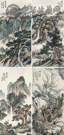 朱梅邨 万山香雪 四屏 设色纸本