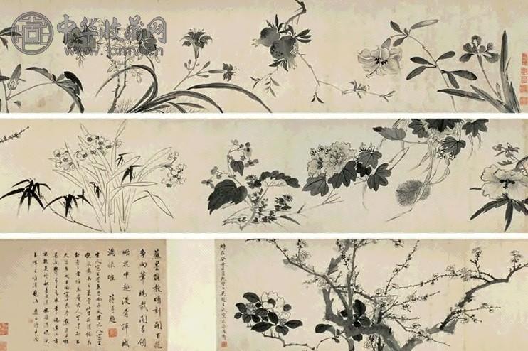 王武 1673年 墨笔花卉 手卷 水墨纸本