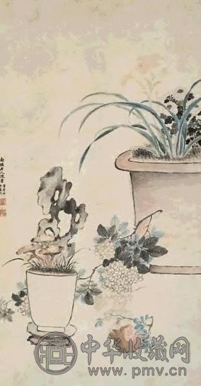 苏适 萱花秀石图 立轴 设色纸本