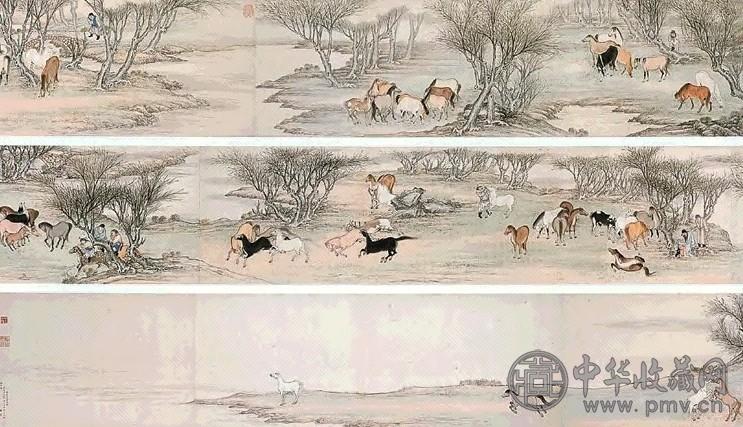 清 禹之鼎 百骏图 手卷 设色纸本