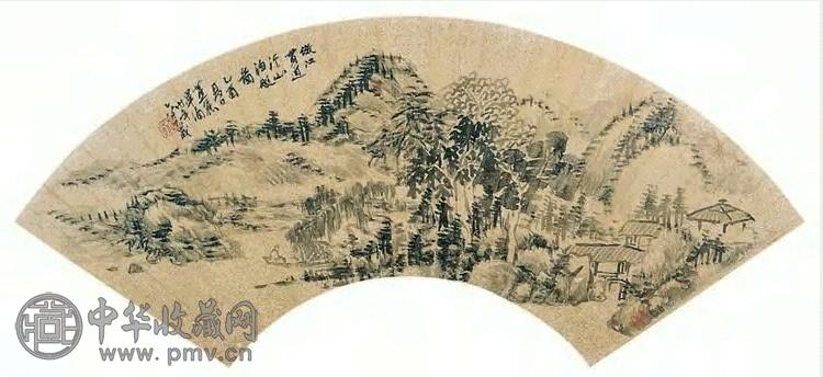 毕涵 乙酉(1765年)作 溪山渔艇 扇面 水墨金笺