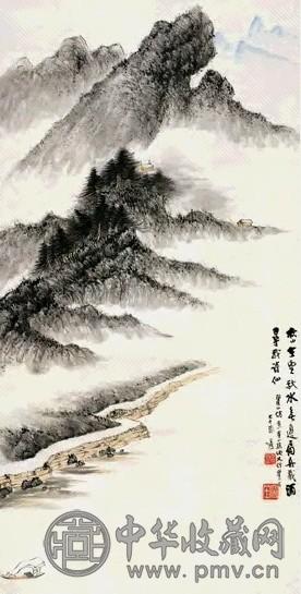 近现代 张大千 秋水泛舟图 轴