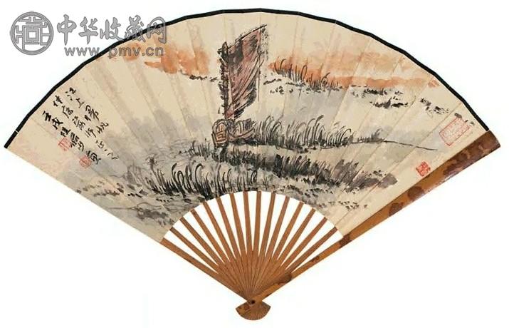 陆俨少 江山归帆、隶书 扇面 设色纸本