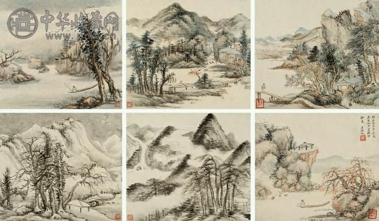 吴湖帆 癸酉(1933年)作 仿古山水 册页(十开选六) 设色纸本