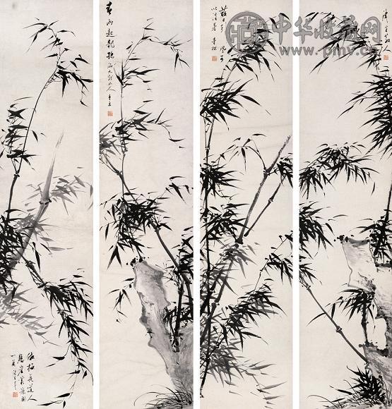 朱昂之 墨竹 四屏 纸本