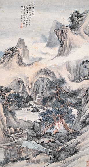 冯超然 1934年作 洞壑奔泉 立轴 设色纸本