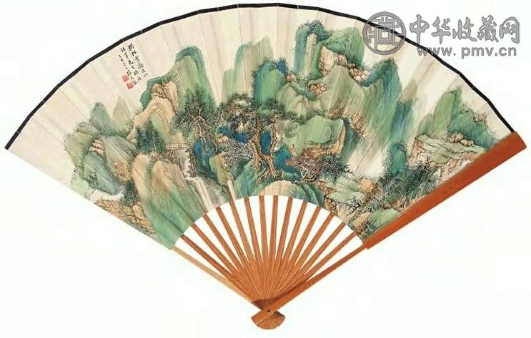 张石园 童大年 溪山携琴图 隶书汉武梁祠题字 成扇 设色纸本