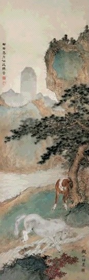 马晋 1944年作 双马图 立轴 设色纸本