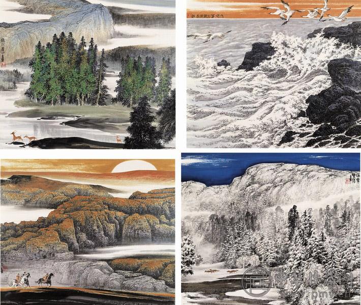 郑百重 四季山水屏 设色纸本