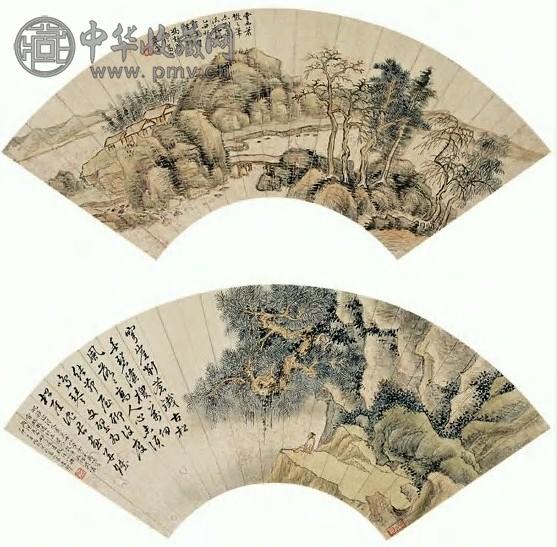 冯超然 良渚 山水人物 扇面(4帧选2）