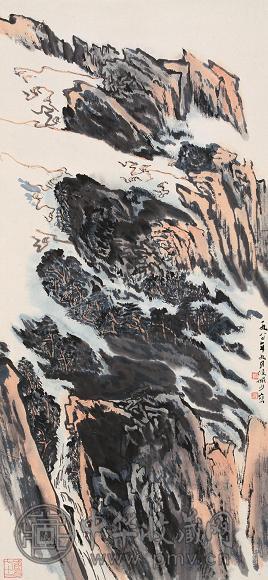 陆俨少 1980年作 峡江山水 立轴 设色纸本