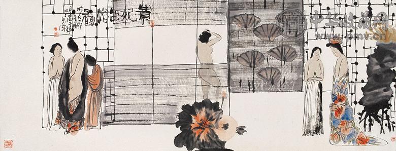 彭先诚 1987年作 贵妃出浴图 横幅 设色纸本