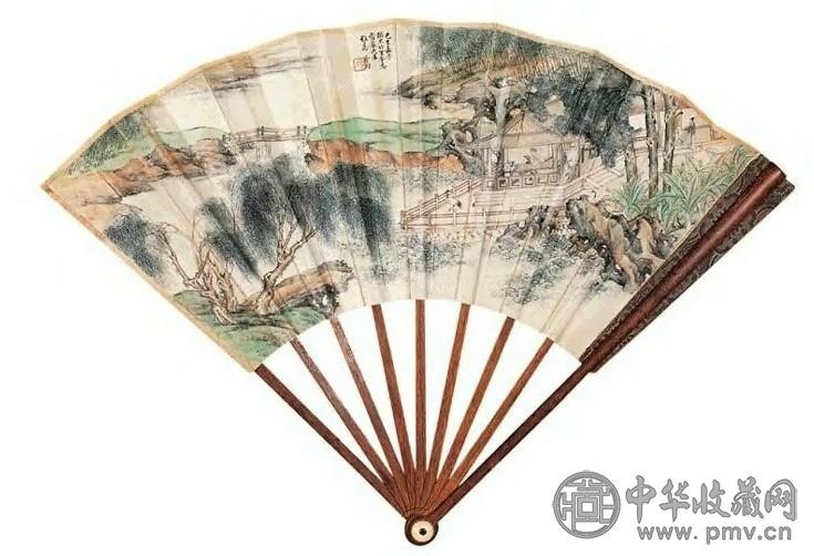 叶昀 己巳(1929年)作 湖庄观鹤 成扇 设色笺本