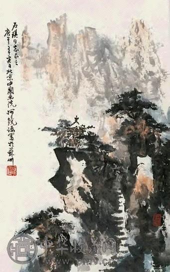 何镜涵 1990年作 山水 立轴 设色纸本