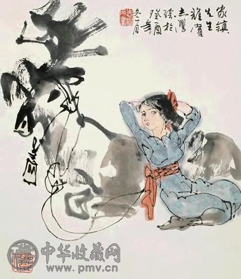 于志学 1993年作 少女与鹿 立轴 设色纸本