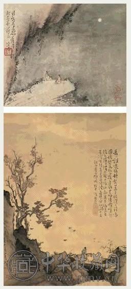 溥儒 己巳(1929年)作 唐人诗意山水双挖 立轴 设色绢本