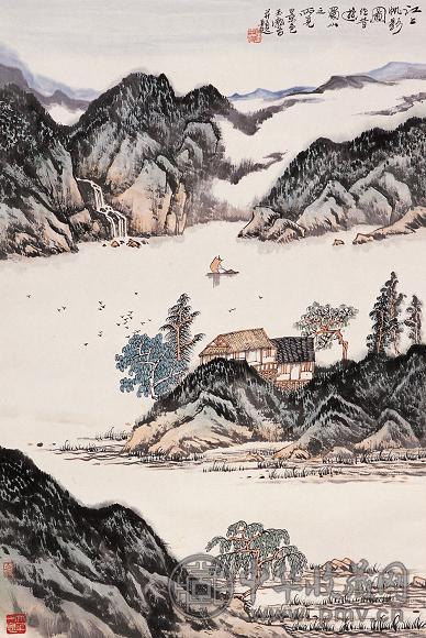 宋玉麟 江上帆影图 立轴 设色纸本