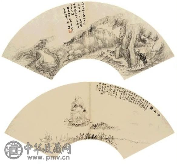 戴鉴 1868年作 白居易诗意图、镇江金山图 扇面(2幅) 纸本水墨