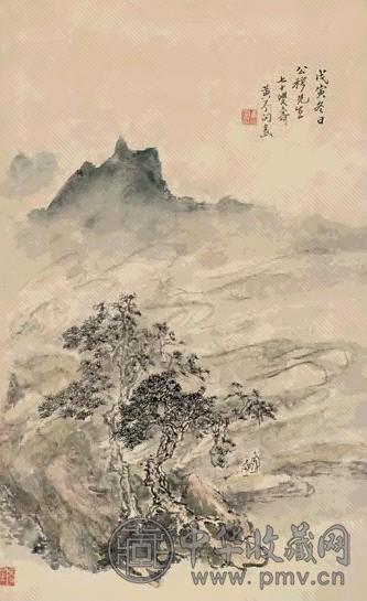 黄宾虹 戊寅(1938年)作 双松图 立轴 设色纸本