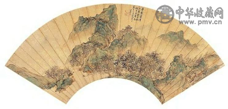 朱昂之 丁亥(1827年)作 层峦萧寺 扇面 设色纸本