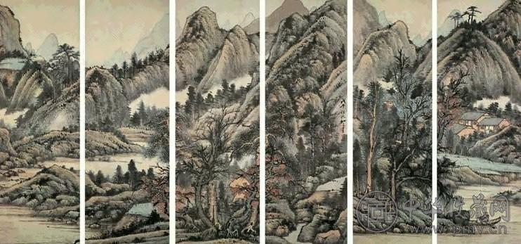 万上遴 戊午(1798年)作 通景山水 六屏条 设色纸本