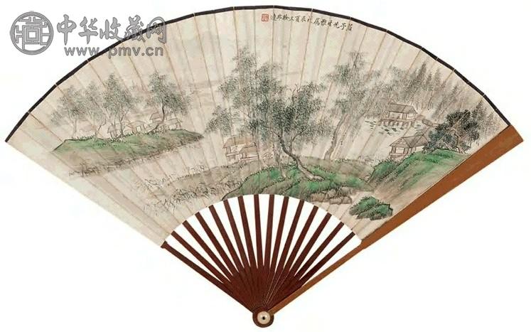 徐邦达 戊辰(1928年)作 草阁吟诗图 成扇 设色纸本