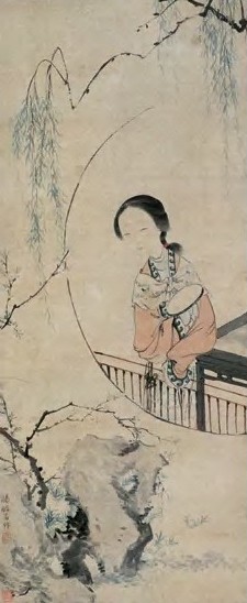 汤禄名 柳荫仕女 立轴 设色纸本