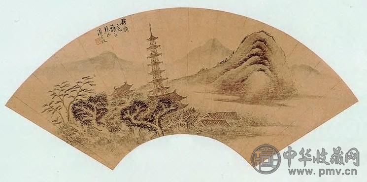 潘思牧 溪山萧寺图 扇页