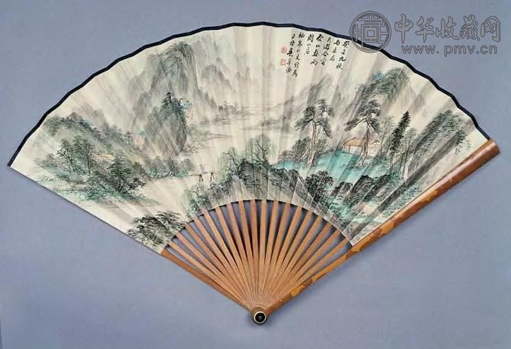 吴华源 1943年作 佘山春雨图 扇面 设色纸本