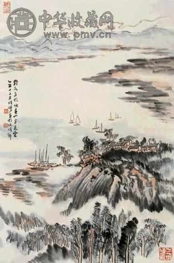 陆俨少 野水春山图 立轴 设色纸本