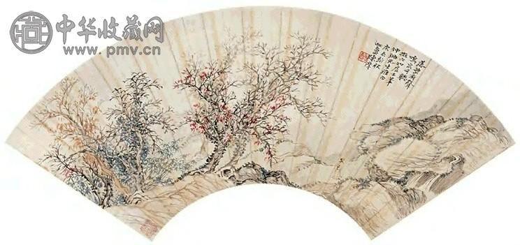 陈摩 落叶鸣泉 扇面 设色纸本