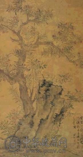 陈淳 花卉树石图 立轴 设色绢本