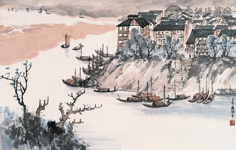 应野平 1962年作 傍水山居图 镜框 设色纸本