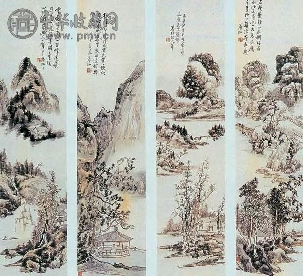 黄宾虹 江南四景 轴(4开) 纸本设色