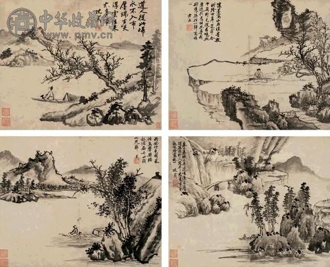 沈周(款) 山水册 册页(8开选4) 水墨纸本