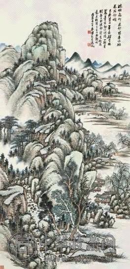 吴徵 1926年作 春水绕村坞图 轴 纸本设色