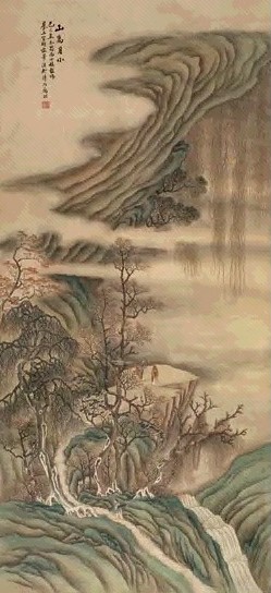 彭旸 1929年作 山高月小图 立轴 设色绢本