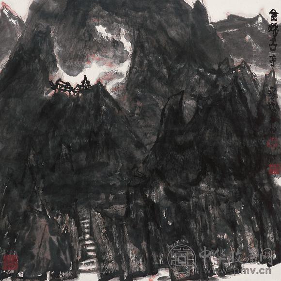 李宝林 金秋古寺 立轴 设色纸本