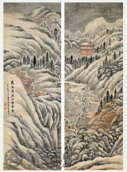 潘思牧 关山积雪 六屏 设色纸本