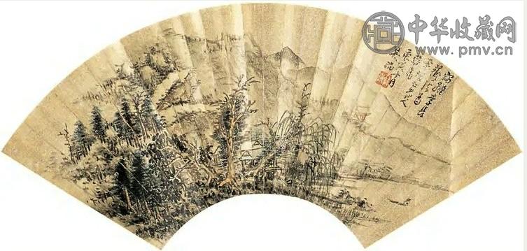 吴伯滔 1890年作 山水 扇面 设色泥金笺