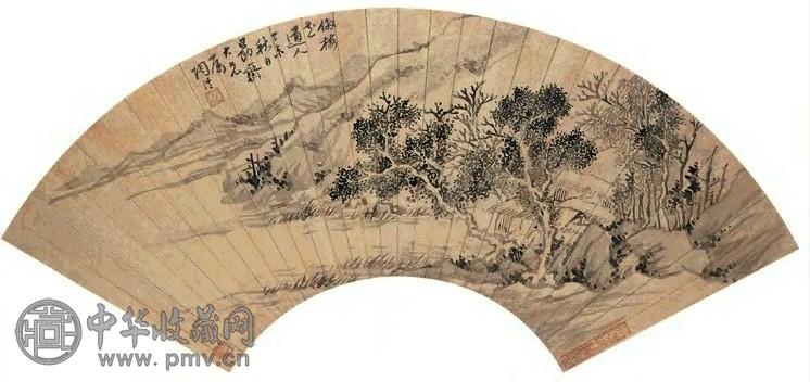 王淇 1847年 渔村晚江 扇面 泥金水墨