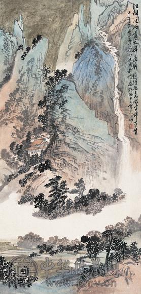 陆一飞 1924年作 青嶂流泉图 立轴 设色纸本
