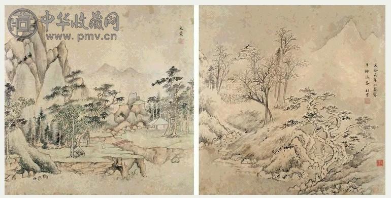 林雪 1621年作 山水 册页(10开选2) 设色金笺