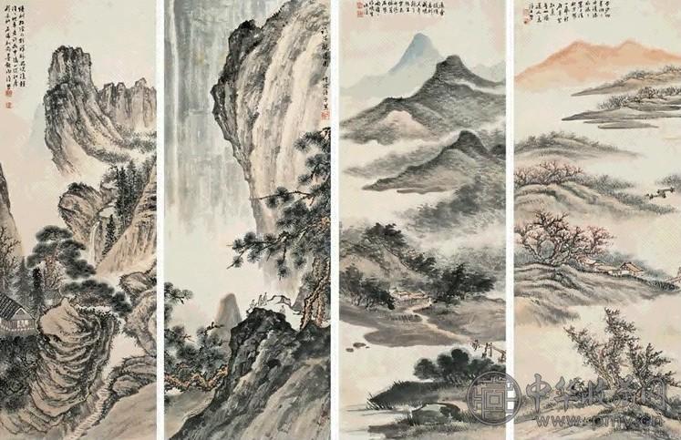 谢临风 山水 四屏 设色纸本