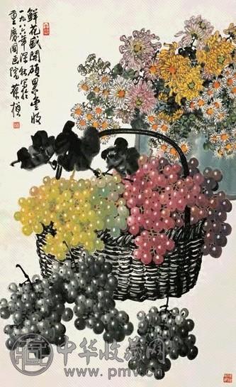 苏葆桢 1986年作 鲜花盛开硕果丰收 立轴 设色纸本