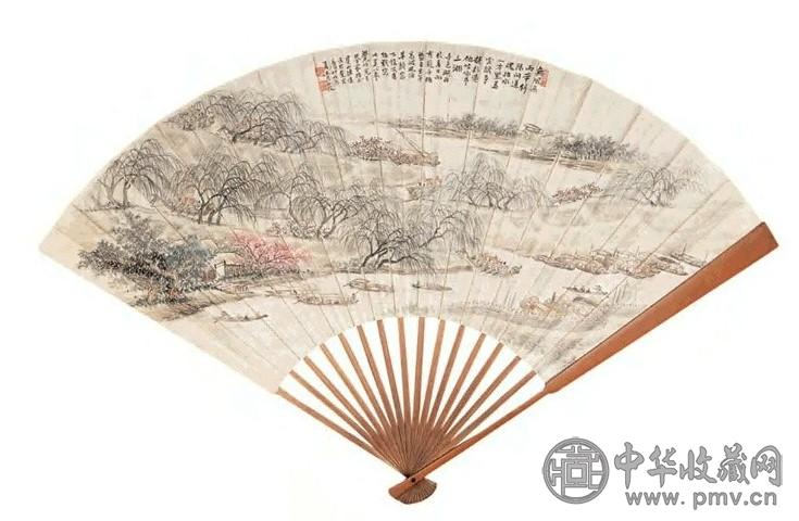 陈达 1928年作 龙舟竞渡图 书法 成扇 设色纸本