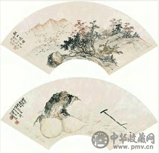 马骀 1926年作 秋山归雁 人物 扇面 设色纸本